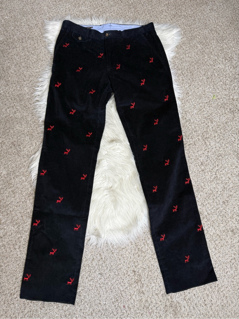J. McLaughlin Black Thoreau Reindeer Corduroy Pants Red Embroidery NWOT 34